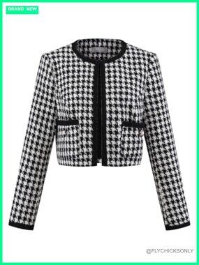 Collarless Houndstooth Cropped Tweed Blazer Jacket